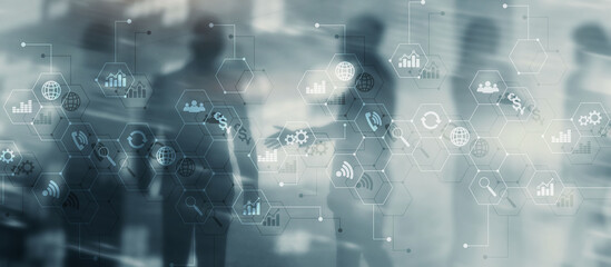 Wall Mural - diagrams and icons on hologram screen. background with silhouettes