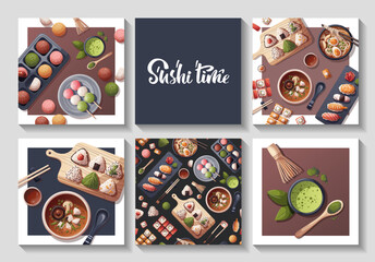 Set of cards with Sushi, Miso soup, ramen, onigiri, dango, mochi, matcha. Japanese food, healthy eating, cooking, menu concept. Vector illustration. Square card, cover, poster.