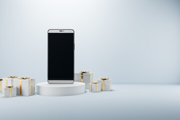Poster - Empty phone on creative pedestal surrounded with white christmas present boxes on light background with mock up place. Holiday, celebration, gift purchase and commercial design concept. 3D Rendering.