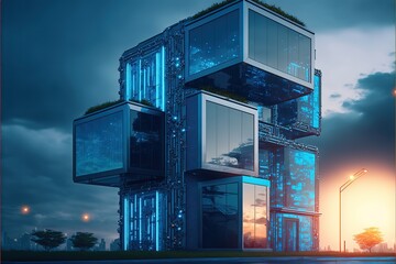 Sticker - Development architecture computer systems of smart building. Futuristic modern illustration in blue neon colors. AI