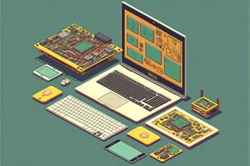 Poster - Tech icons of computer technology, software develop . Futuristic modern illustration. AI
