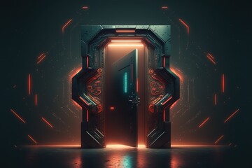 Aufkleber - Futuristic door in cyber space. Digital Data center portal dor. Futuristic modern illustration in blue neon colors. AI