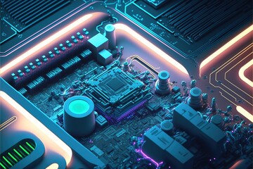 Leinwandbilder - Hardware and software computer technology background. Futuristic modern illustration in blue neon colors. AI