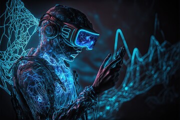 Aufkleber - VR technology in industry. Man in VR glasses in virtual reality in hud style. Futuristic modern illustration in blue neon colors. AI