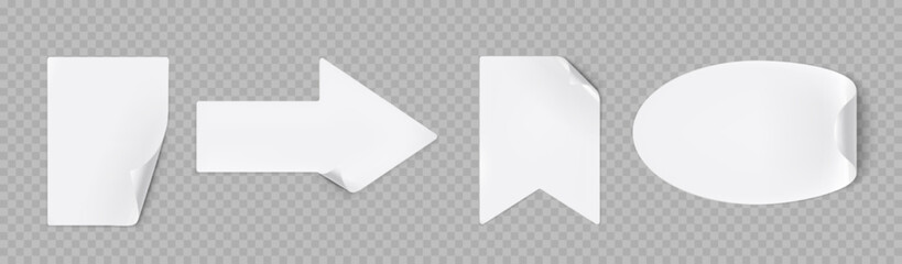 Poster - white stickers peel off, rectangular, arrow, flag and oval shapes with shadow and curled edges. tags
