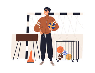 Poster - PE teacher, school trainer in gym. PT instructor at physical education, training lesson. Athlete couch in gymnasium, sport hall, center. Flat vector illustration isolated on white background