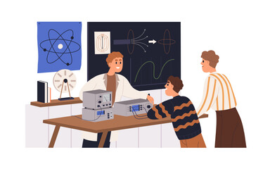 Poster - School teacher and students at physics class, lesson in classroom. Scientist and kids pupils conducting experiment in laboratory, study lab. Flat vector illustration isolated on white background