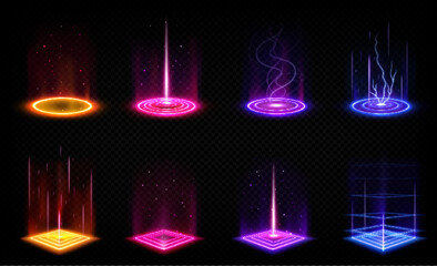 Poster - futuristic digital portals with neon glow and hologram effect. magic circle and square podiums, fant