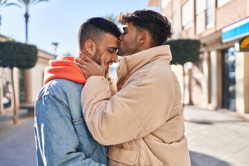 Poster - Two man couple hugging each other standing at street