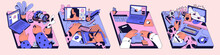 Creative Work Set. Artists At Workplaces With Laptops, Computers, Laptop PC On Desk. Illustrators, Photographers, Designers Hands Drawing, Editing At Table. Isolated Flat Vector Illustrations