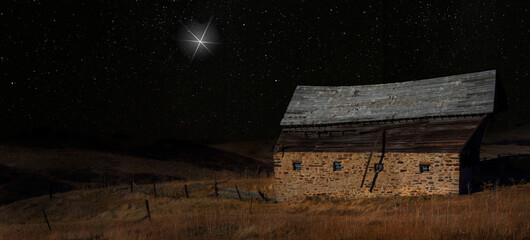 Wall Mural - glowing star above an abaoned barn