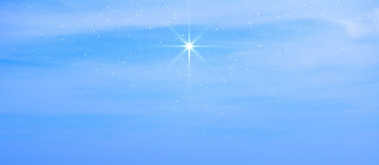 Sticker - Christmas star of the Nativity of Bethlehem, Nativity of Jesus Christ. Background of the beautiful light blue starry sky and bright star