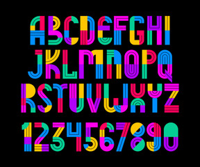 Poster - Children colorful geometric font vector alphabet, kid play game typeset, original letters can be used for logo creation, uppercase and numbers.
