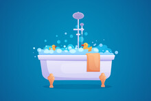 Bath Tub, Bubble Foam, Soap And Towel. Wash In Bathroom, Hot Water In Bathtub, Cute Yellow Shower Duck, Relax Time. Metal Faucet, Stylish Vintage Element. Vector Cartoon Recent Illustration