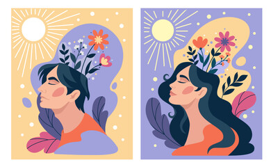 Positive mental health, happy mind. Woman and man thought, beautiful flowers in brain, people self care, healthy head relax card or poster. Vector illustration tidy cartoon flat concept