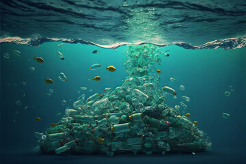 Wall Mural - The ocean full of plastic waste. microplastic polluting the sea. Generative ai