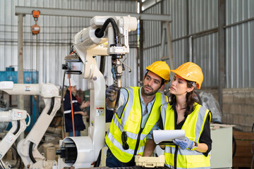 Aufkleber - Two male and female engineer checking and maintenance robot arm in the workshop. Team of technician worker working with control automatic robot arm system welding in the industry factory