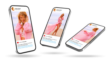 Wall Mural - mockup of mobile phones, sample photos shared on social media