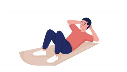 Poster - Animated home abs workout character. Young man training. Full body flat person on white background with alpha channel transparency. Colorful cartoon style HD video footage for animation