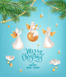 Vertical vector banner for Merry Christmas and Happy New Year holidays. Figurines cute Christmas angels, realistic branches of fir tree, sequins and gold garlands on a light blue background