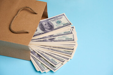 Wall Mural - Paper money bag with dollar bills, blue background