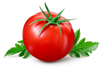 Sticker - Tomato isolated. Tomato with leaf on white background. Tomato side view composition. Full depth of field.