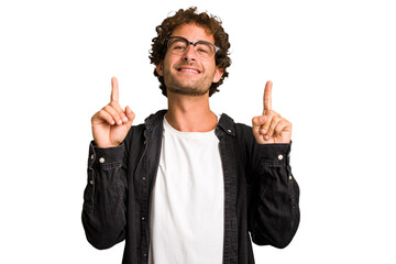 Poster - Young curly smart caucasian man cut out isolated indicates with both fore fingers up showing a blank space.