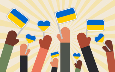 Canvas Print - The hands of people of different nationalities in the struggle for peace in Ukraine hold flags with blue and yellow. Horizontal banner. 