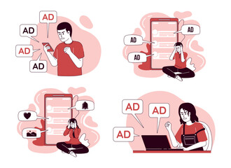 Poster - Social media 2D vector isolated linear illustrations set. Thin line flat characters on cartoon background. Colorful editable scenes for mobile, website, presentation. Bebas Nenue, Quicksand fonts used