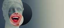 Contemporary Collage Of Plaster Statue Head And Young Woman With Open Mouth Over Deep Blue Background. Speakers, Heralds, Propagandists And Agitators Concept