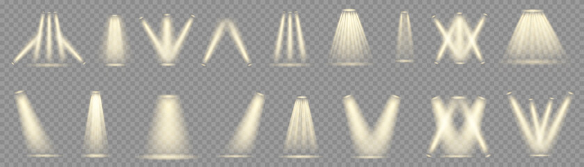 Poster - Set of bright light spotlights isolated on transparent background. Vector glowing light effect with transparent rays.