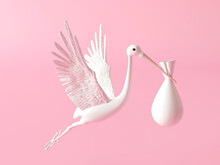 Stork Carrying A Baby Isolated On A Pink Background. Silhouette Stork Bird With Baby In The Bag. 3d Render Illustration. The White Stork Is Carrying The Baby