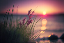 Little Grass Stem Close-up With Sunset Over Calm Sea, Sun Going Down Over Horizon. Pink And Purple Pastel Watercolor Soft Tones. Beautiful Nature Background. Digital Art	
