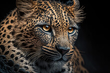 Close Up Beautiful  Leopard Isolated On Black Background. Digital Art