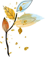 Fototapete - Watercolor leaf branch gold line art