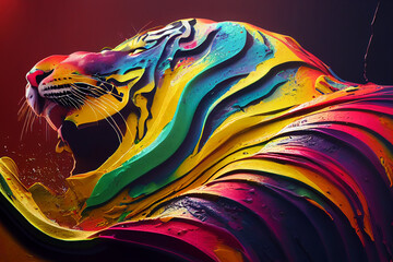Poster - tiger pour thick split colorful paint liquid,3d render, dark background