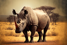 Photographed In An African National Park, A Rhinoceros Grazes On The Savannah. Generative AI