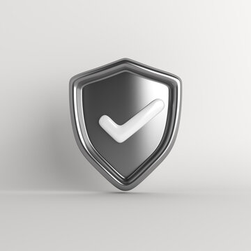 Silver shield with check mark, secured protection concept, 3d rendering illustration	