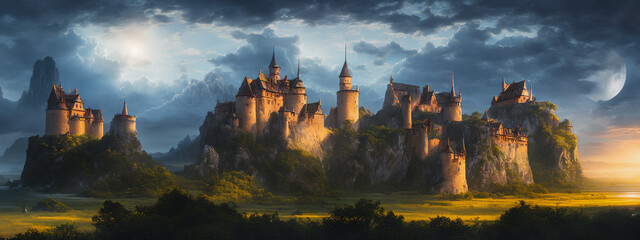 Wall Mural - A painting depicting a majestic castle on a hill during a stormy night. The castle looks imposing and stately, but its towers and walls are streaked with wind and lightning illuminating the dark sky. 