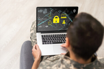 Surveillance and control of opposing information concept, Soldier in camouflage uniform working on laptop for Information Operation