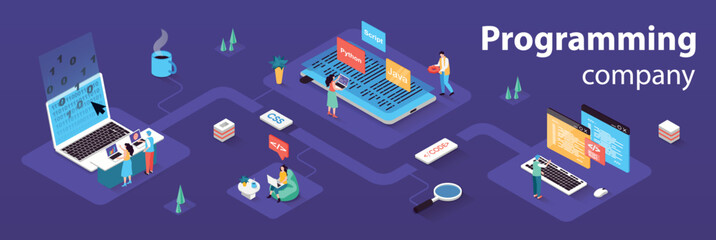 Aufkleber - Programming company concept 3d isometric infographics web banner. People create software, writing code for programs, testing mobile applications. Vector illustration in isometry graphic design