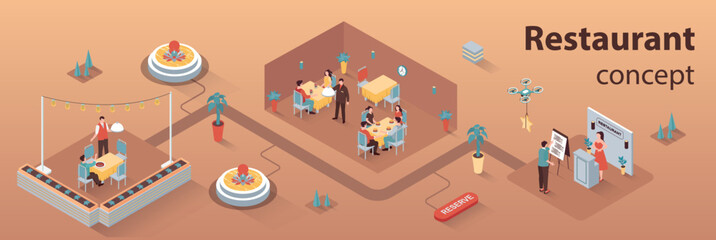 Poster - Restaurant concept 3d isometric infographics web banner. People visit restaurant, book tables, staff works at reception, waiter brings orders. Vector illustration in isometry graphic design