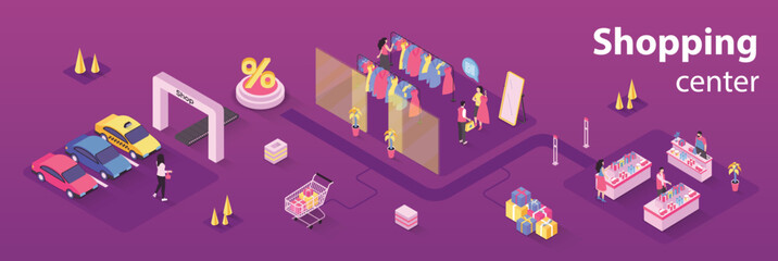 Leinwandbilder - Shopping center concept 3d isometric infographics web banner. People choose clothes in boutique, buy goods on shelves of store in seasonal sales. Vector illustration in isometry graphic design