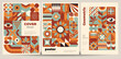 Set of vector illustrations with colorful abstract geometric shapes and grange texture. Simple minimalist neo geo design.  Useful for cover, flyer, poster, prints.