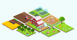 vector of an agricultural farm buildings, barn, orchard, grain harvest, animals and farmers