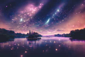 Splendid starry night lake in digital art . Generative AI. 