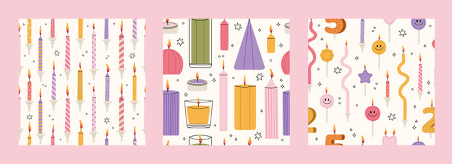 Set of 3 colorful birthday candles seamless patterns. Hand drawn Infant age candles. Baby shower gifts decoration vector. Design for print, textile, greeting card or wrapping paper.