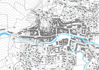 Wall Mural - Urbanisme et territoire - rendu 2d plan cadastral d'un village avec limites de parcelles, bâtiments 3d et piscines