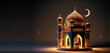 Islamic holiday banner in monotone design. Ramadan night. Cute mosque and lantern displayed on stages with glowing light in the evening. 3d illustration, ai	