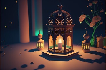 Islamic holiday banner in monotone design. Ramadan night. Cute mosque and lantern displayed on stages with glowing light in the evening. 3d illustration, ai	